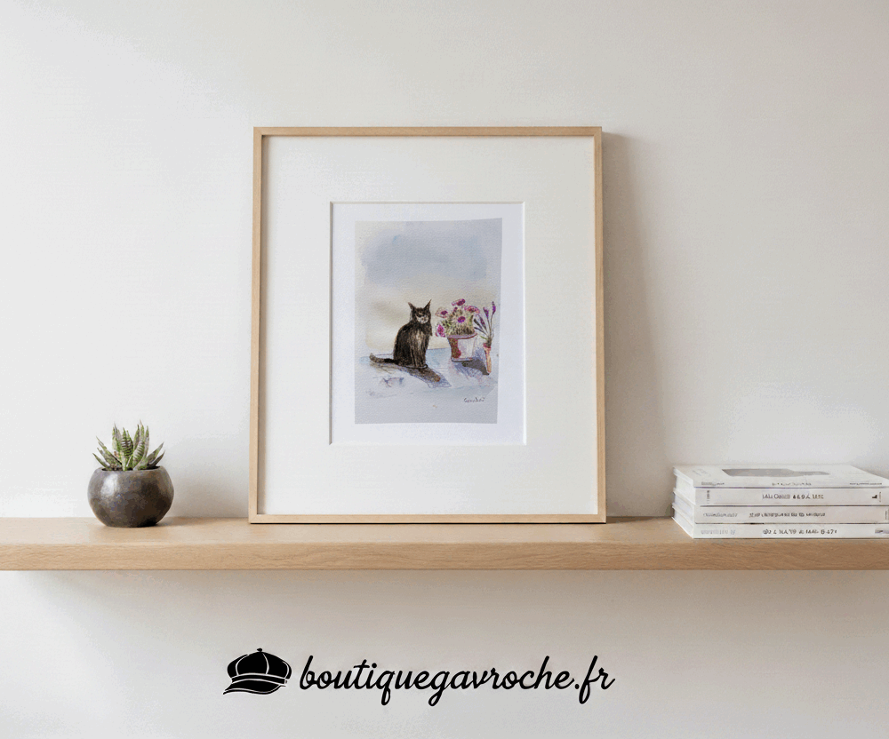 Aquarelle originale Le Chat noir et les fleurs (Offre 2FOR3)