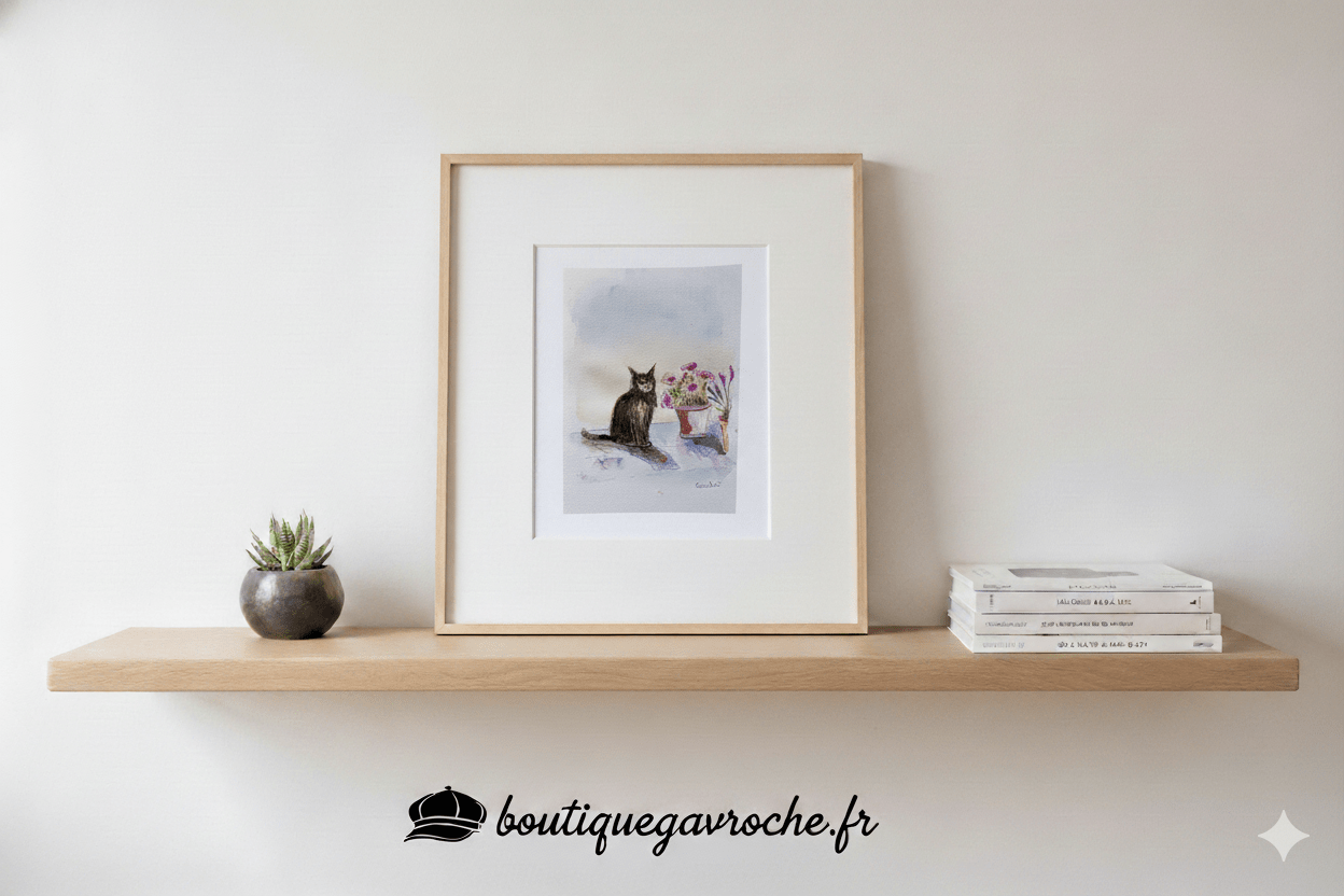Aquarelle originale Le Chat noir et les fleurs (Offre 2FOR3)