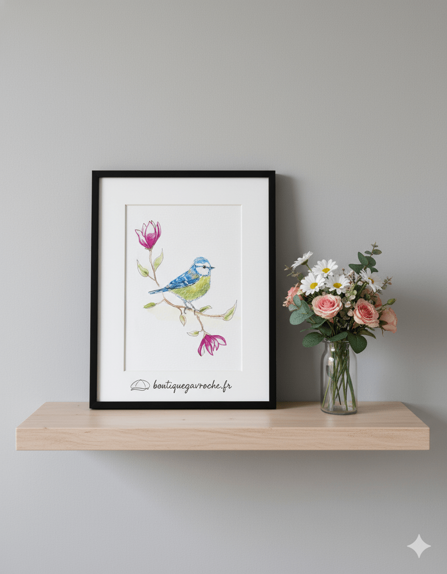 Aquarelle Originale "La Mésange Bleue et les Magnolias" (Offre 2FOR3) – Image 4
