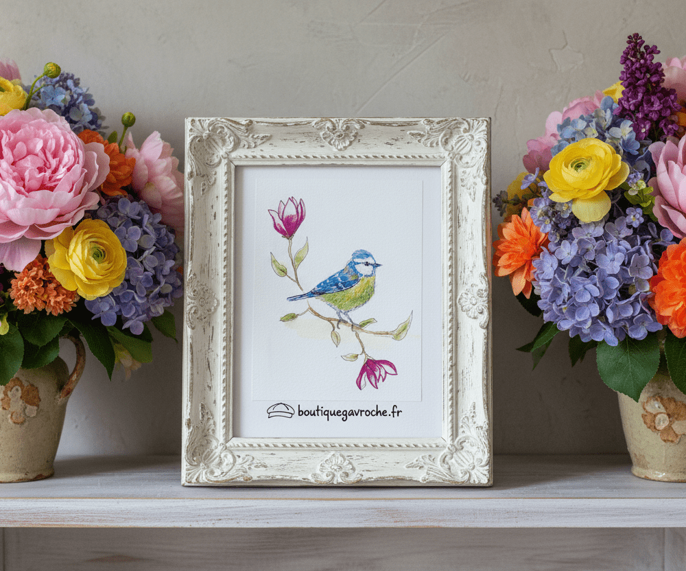 Aquarelle Originale "La Mésange Bleue et les Magnolias" (Offre 2FOR3)