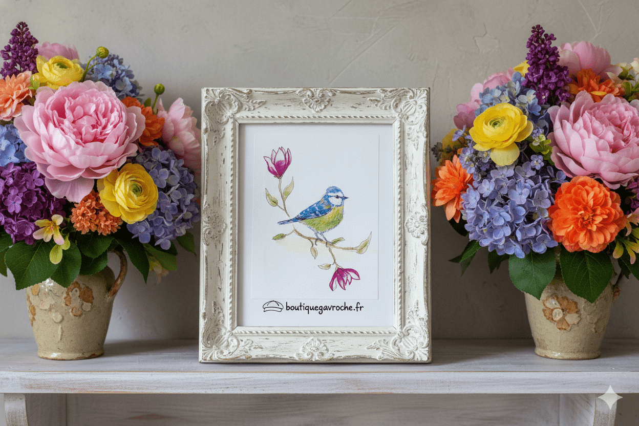 Aquarelle Originale "La Mésange Bleue et les Magnolias" (Offre 2FOR3)