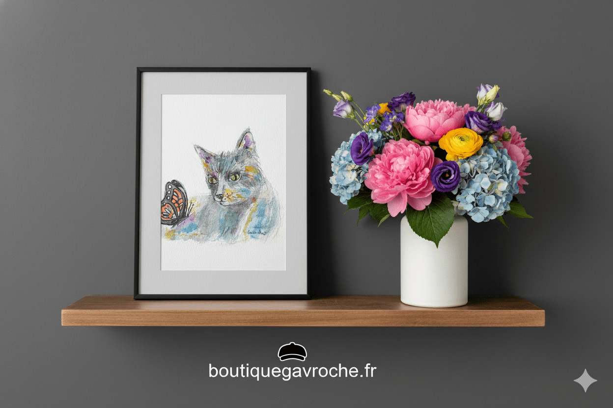 Aquarelle originale Le chat et le papillon (Offre 2FOR3) – Image 4