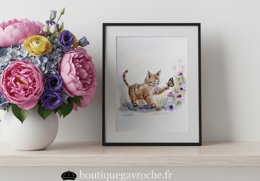 Aquarelle originale Le Chaton et le Papillon (Offre 2FOR3)  