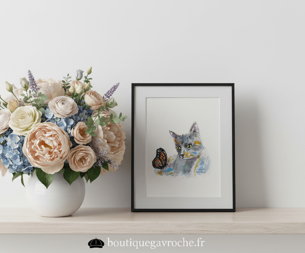Aquarelle originale Le chat et le papillon (Offre 2FOR3)  