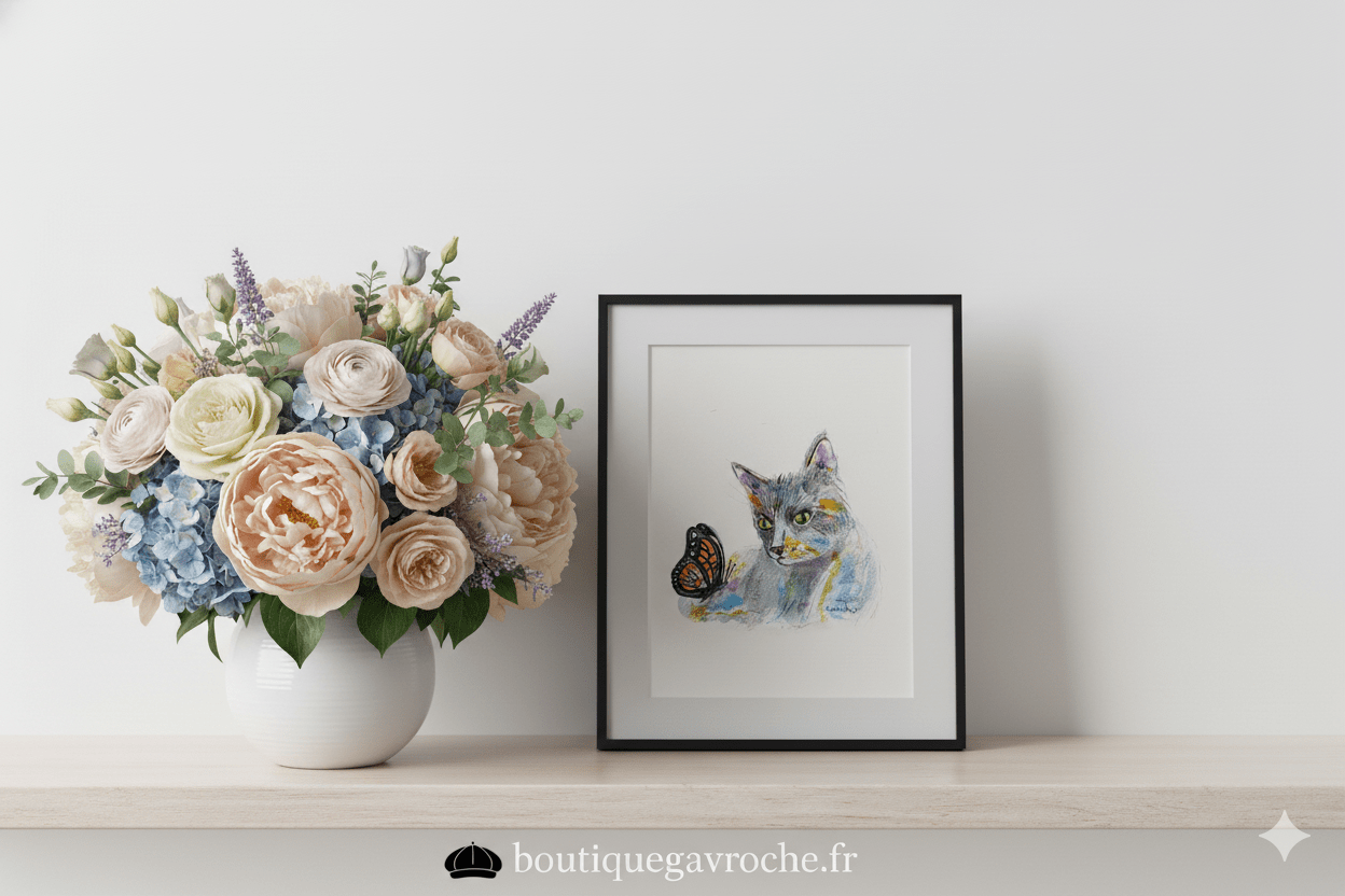 Aquarelle originale Le chat et le papillon (Offre 2FOR3)