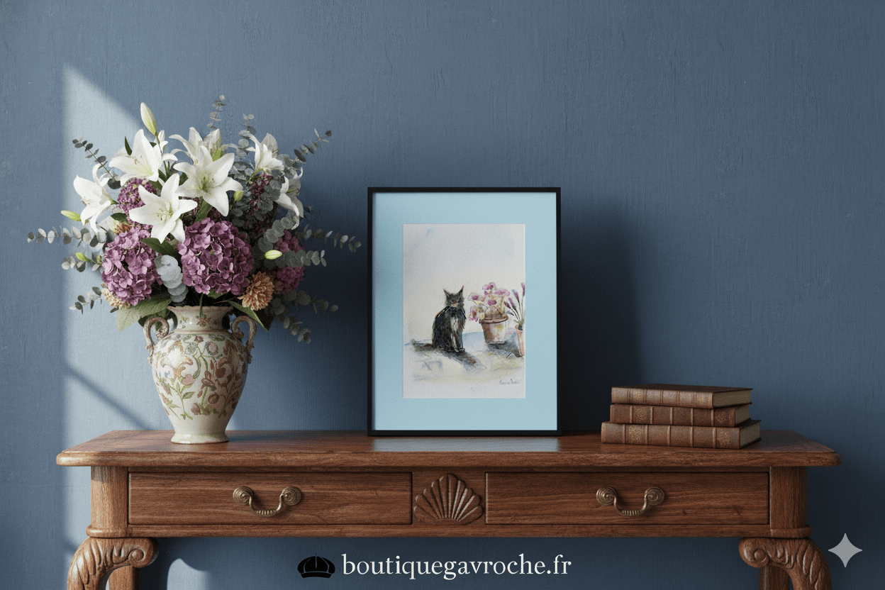 Aquarelle originale Le Chat noir et les fleurs (Offre 2FOR3) – Image 3