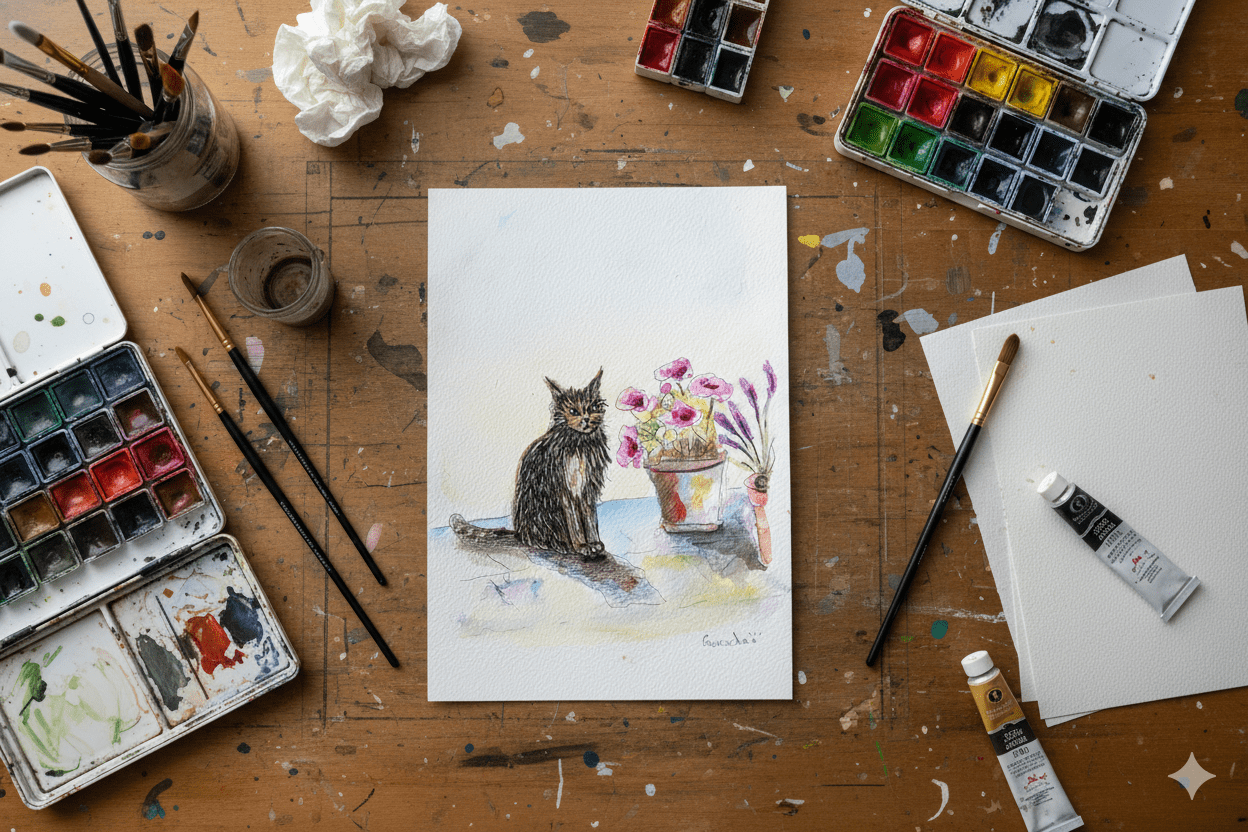 Aquarelle originale Le Chat noir et les fleurs (Offre 2FOR3) – Image 4