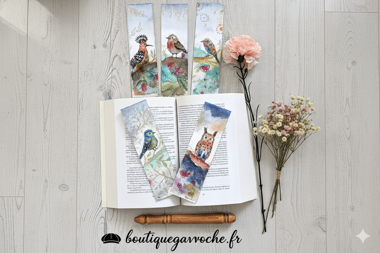 Marque-Pages Aquarelle Originaux "Oiseaux poétiques" - Lot de 2 - Huppe, Mésange, Hibou... (20x6cm) – Image 4
