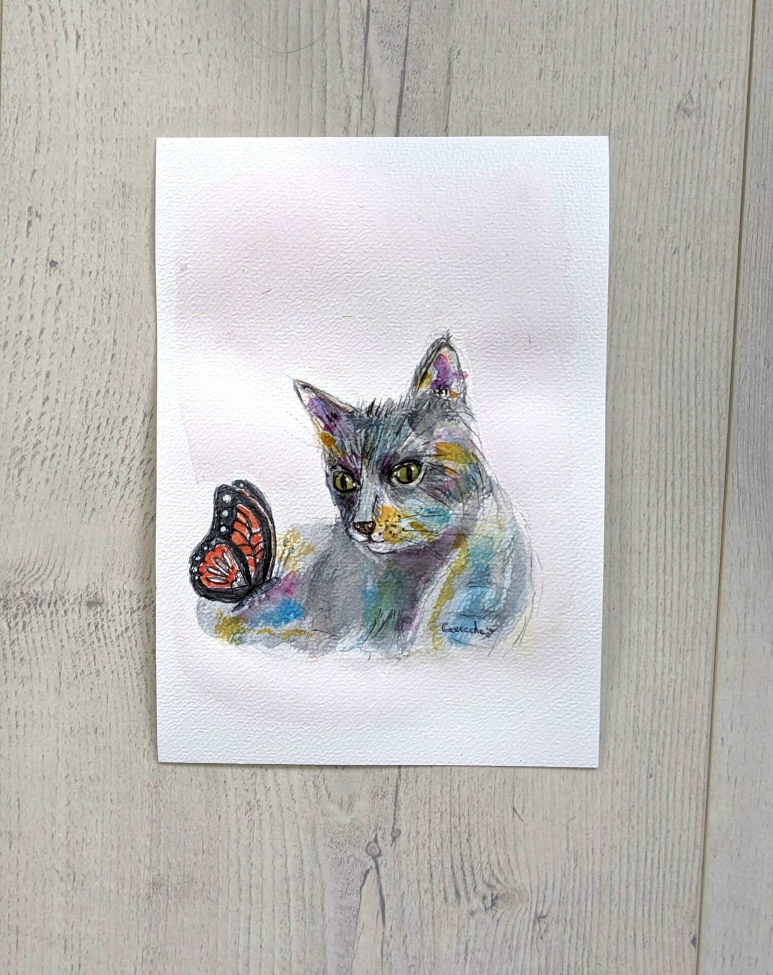 Aquarelle originale Le chat et le papillon (Offre 2FOR3) – Image 2