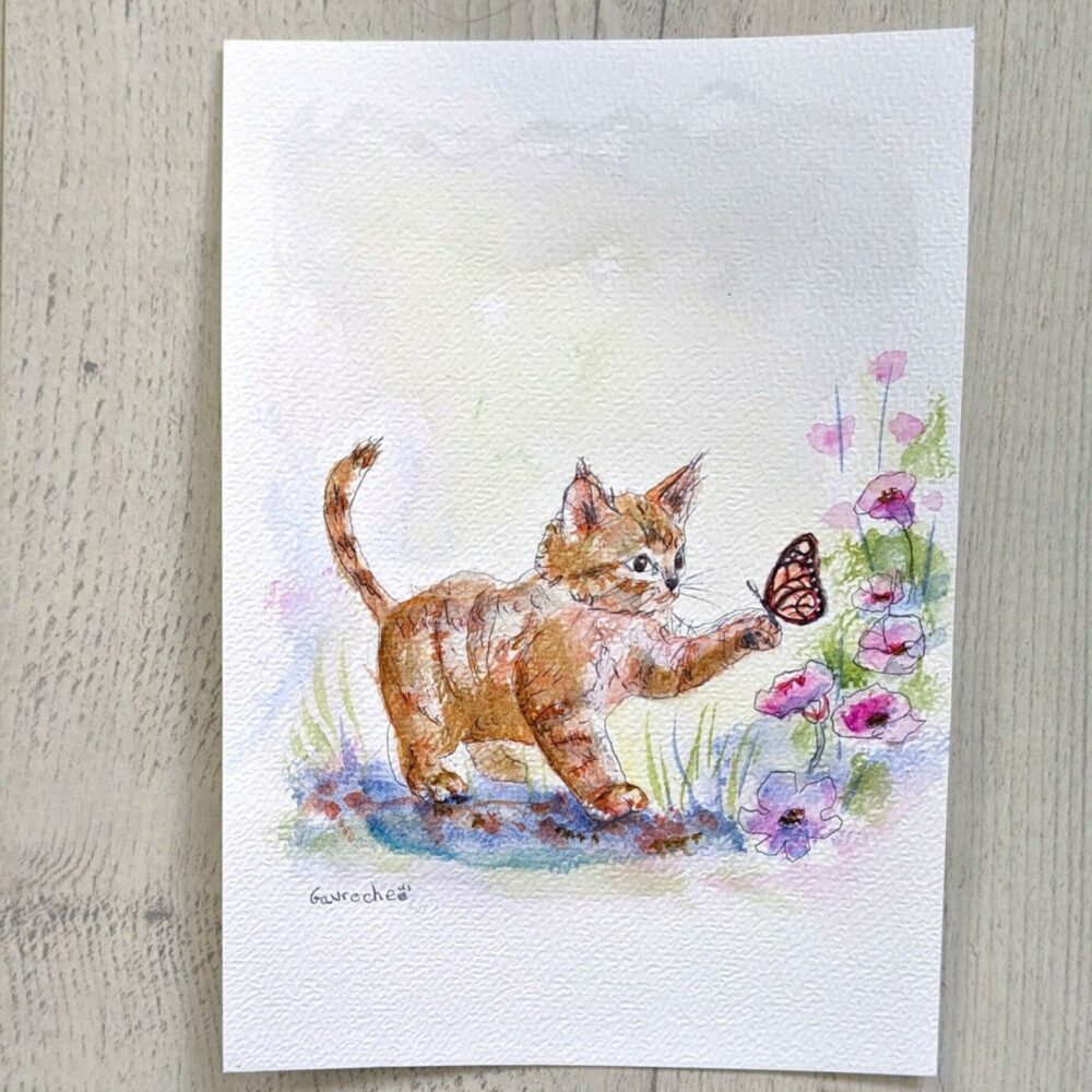 Aquarelle originale d’un chaton roux et d’un papillon au format A5