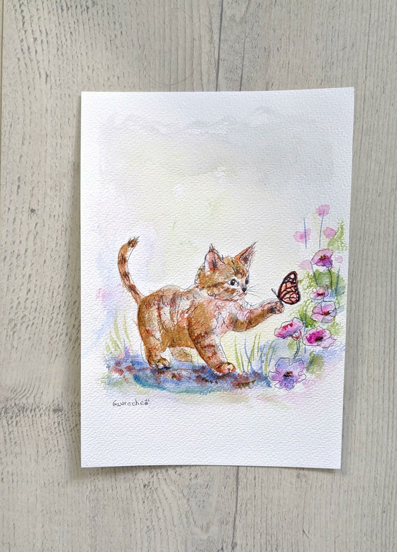 Aquarelle originale Le Chaton et le Papillon (Offre 2FOR3) – Image 3