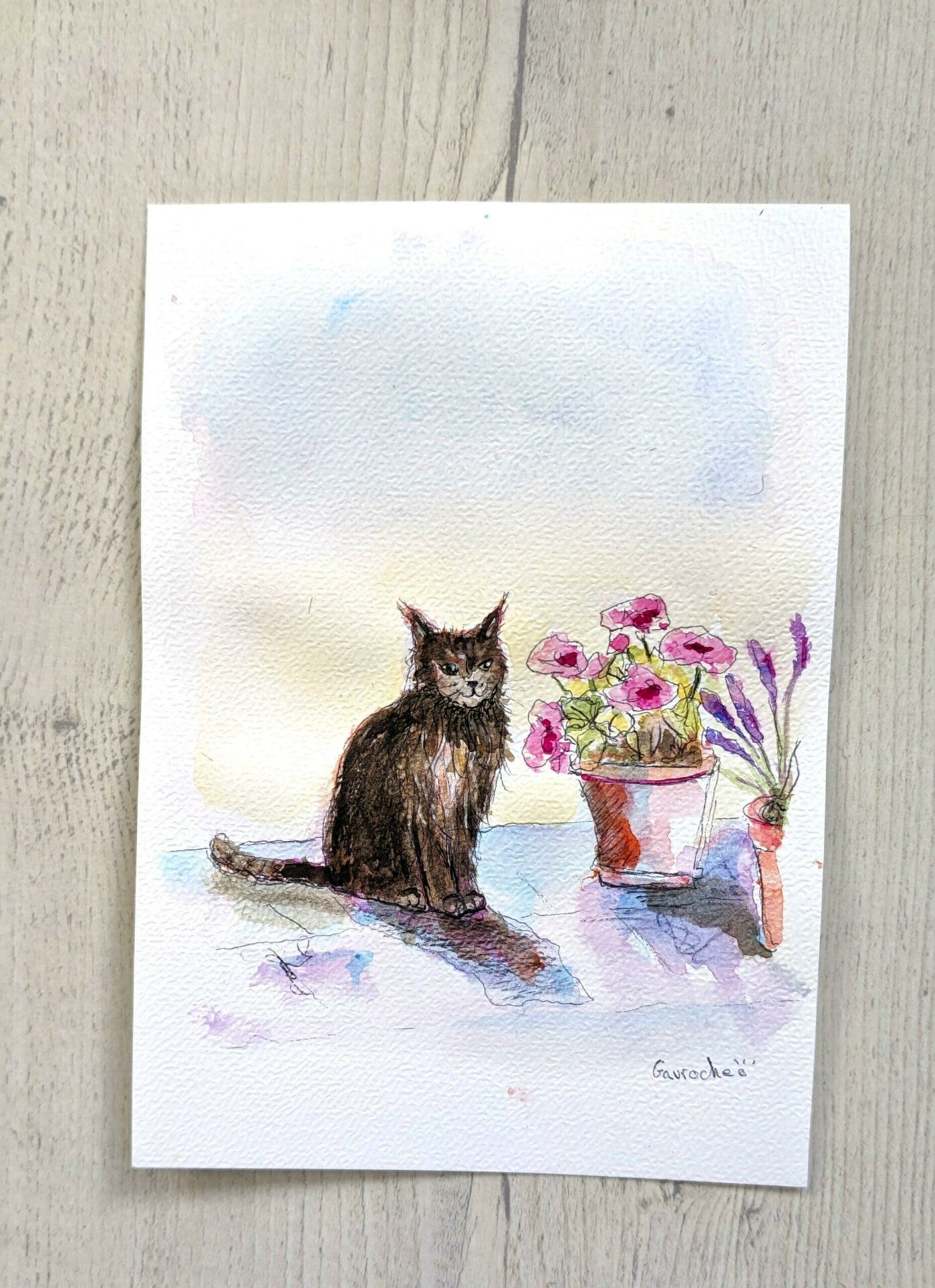 Aquarelle originale Le Chat noir et les fleurs (Offre 2FOR3) – Image 2