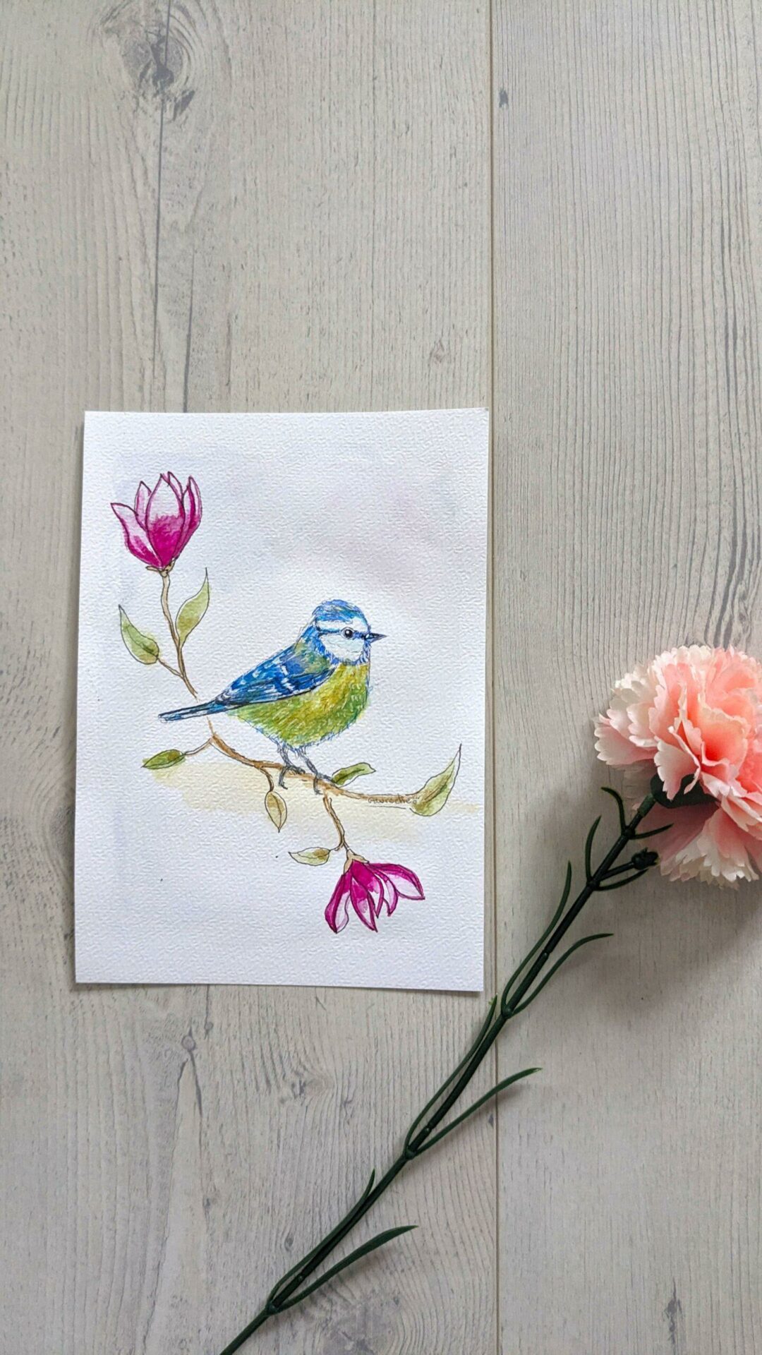 Aquarelle Originale "La Mésange Bleue et les Magnolias" (Offre 2FOR3) – Image 2