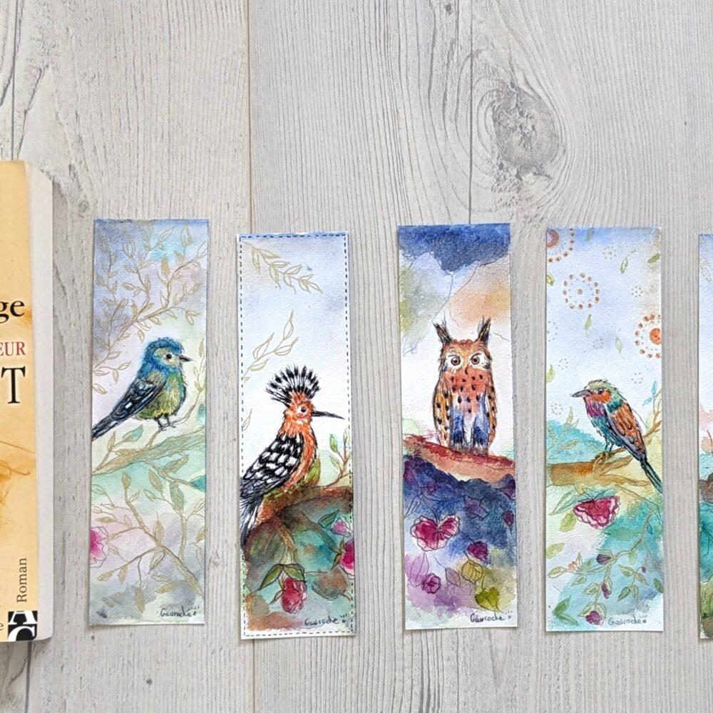 Marque-Pages Aquarelle Originaux "Oiseaux poétiques" - Lot de 2 - Huppe, Mésange, Hibou... (20x6cm)