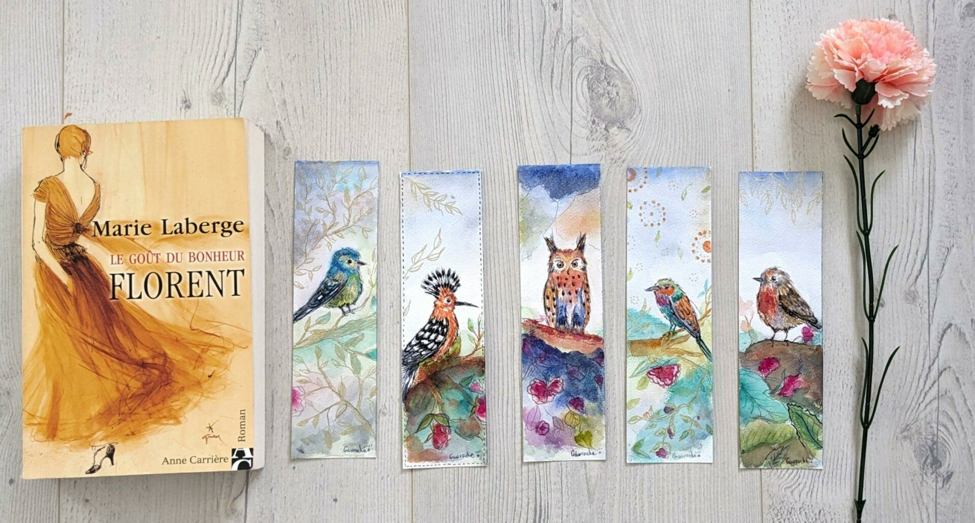 Marque-Pages Aquarelle Originaux "Oiseaux poétiques" - Lot de 2 - Huppe, Mésange, Hibou... (20x6cm)