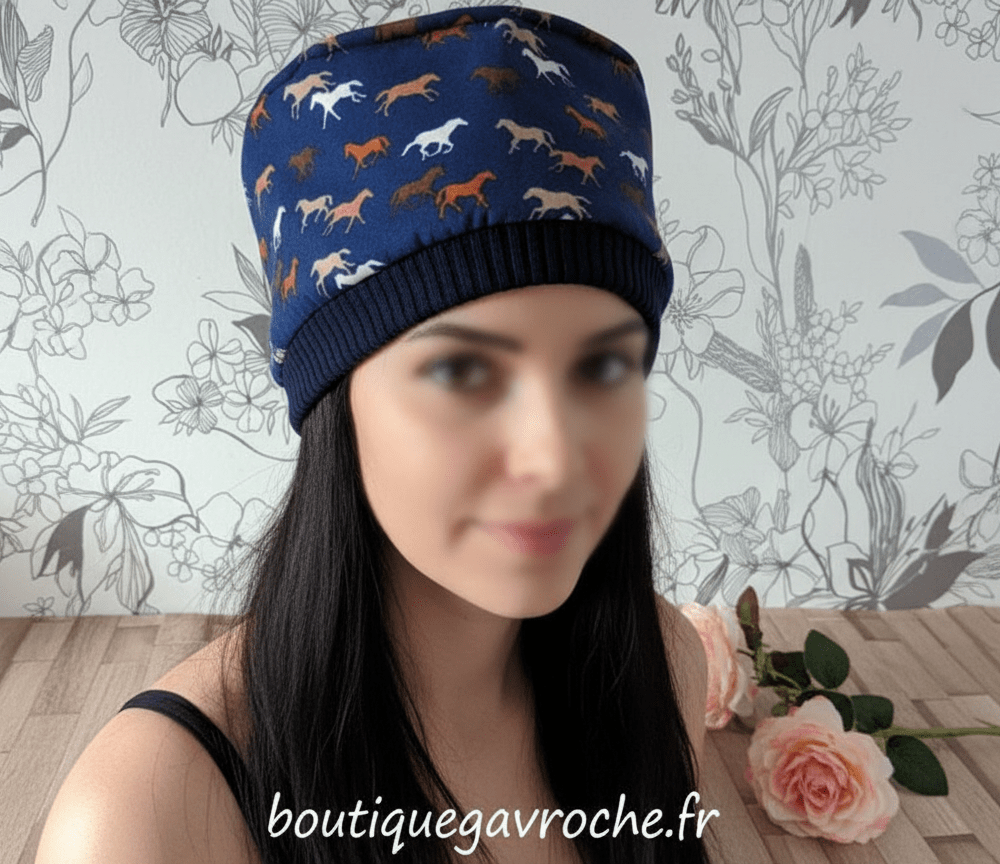 Calot d'hiver doublé Réversible, bonnet mixte chevaux Taille jusqu'à 55 cm