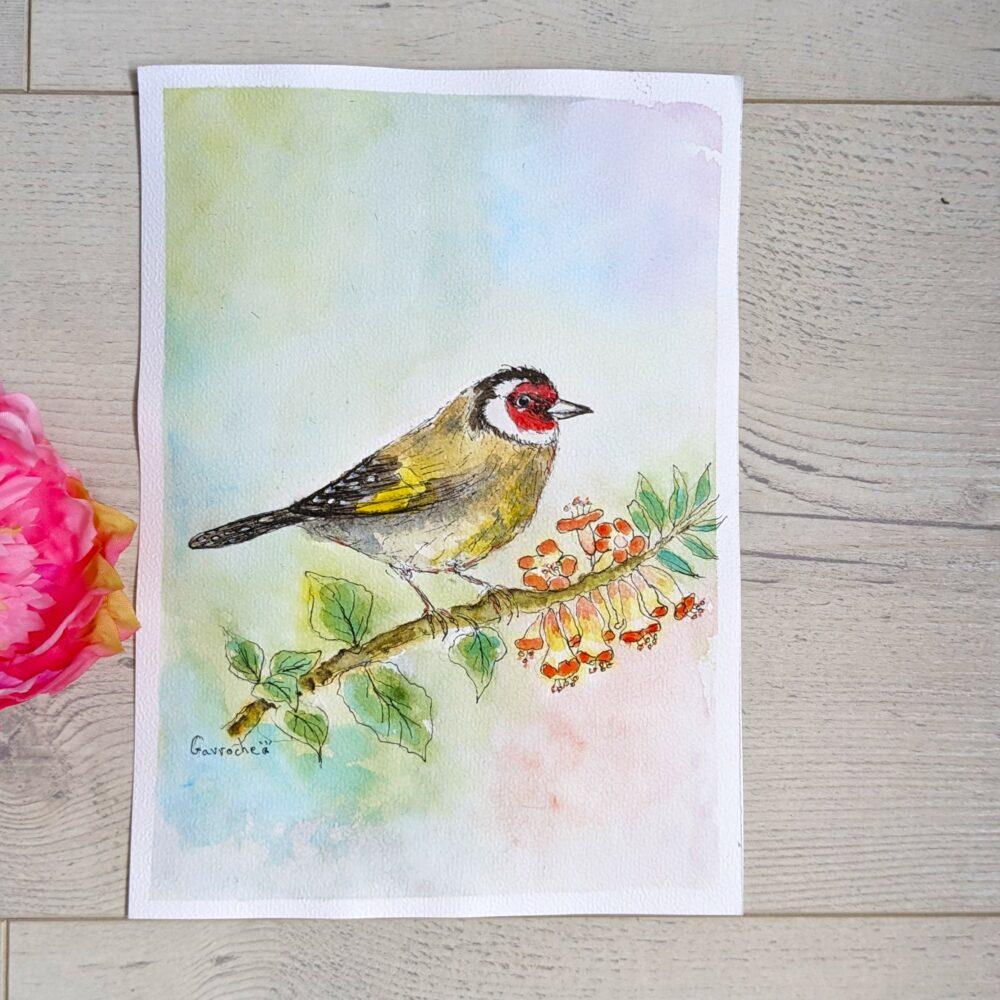 Aquarelle Originale "Le Chardonneret Élégant" (25x18 cm) Offre2for3