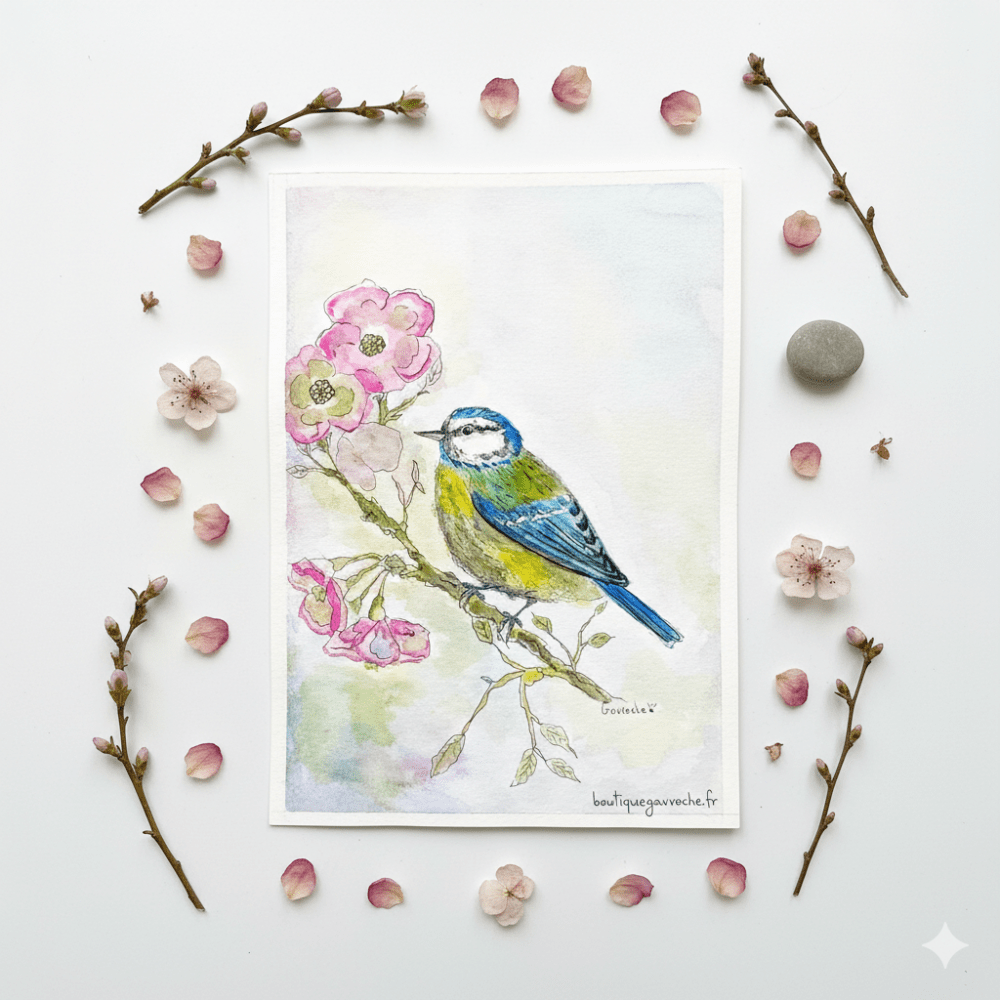 mesange bleue aquarelle noces de papier