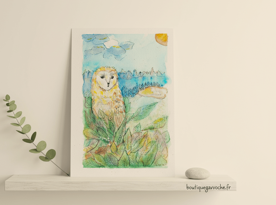 Aquarelle Originale L'Effraie des Clochers (Tyto alba) - 21x14,8 cm - ( offre 2FOR3) – Image 3