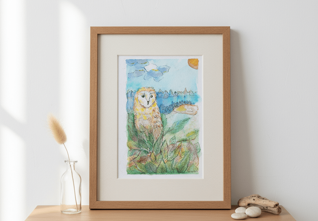 Aquarelle Originale L'Effraie des Clochers (Tyto alba) - 21x14,8 cm - ( offre 2FOR3)