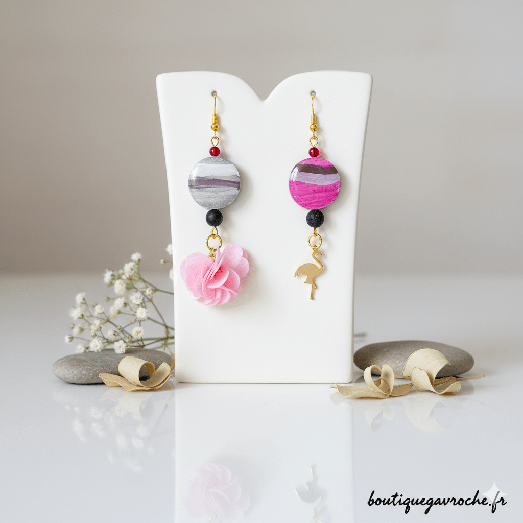 Boucles d'oreille asymétriques CAMARGUE, flamand rose