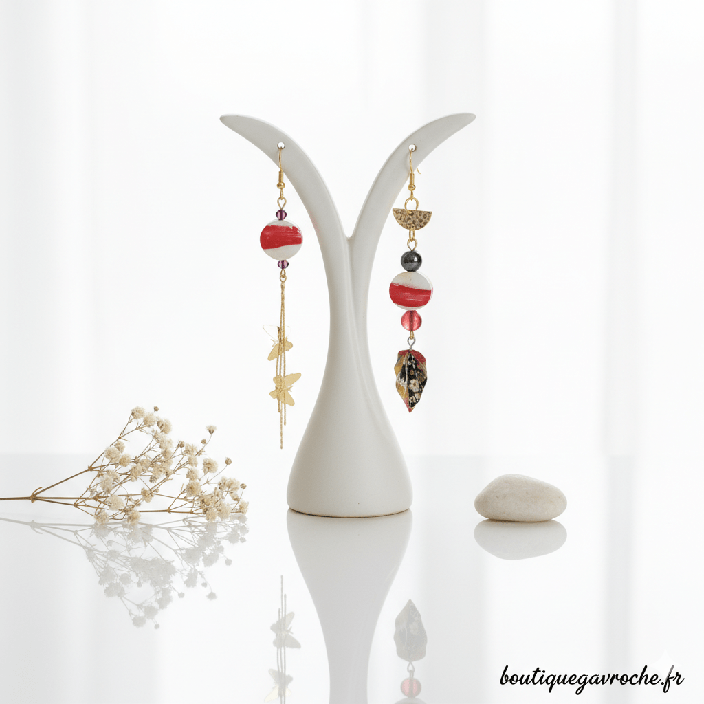 Boucles d'Oreilles Asymétriques "MARIPOSA", papillons et feuille