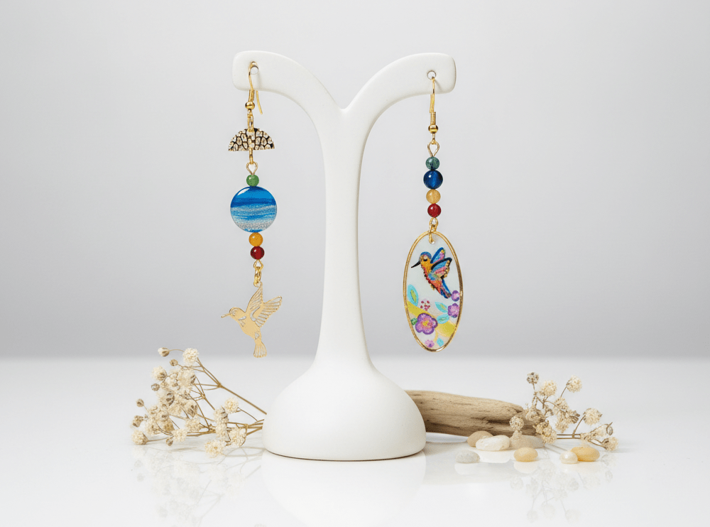 Boucles d'oreilles asymétriques Colibri peintes à la main bois et métal doré fait main à Brive Boutique Gavroche Label Origine Corrèze.