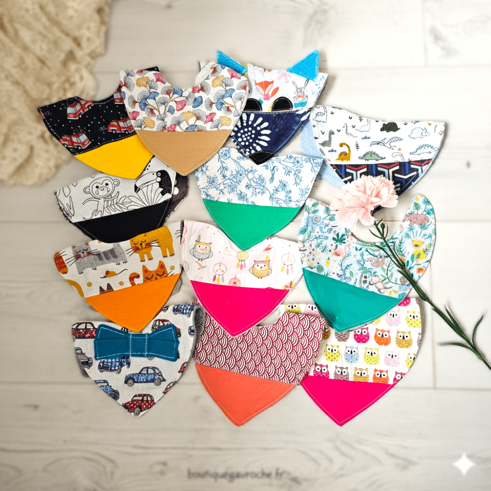 Bavoir bandana personnalisé pour bébé motif fantaisie coton et éponge bambou fait main à Brive Boutique Gavroche Label Origine Corrèze.