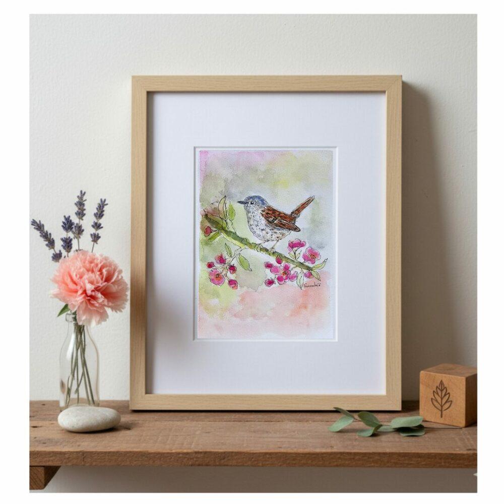Peinture boutiquegavroche aquarelle ornithologique Panure à moustaches, cadeau anniversaire de mariage, Accenteur mouchet