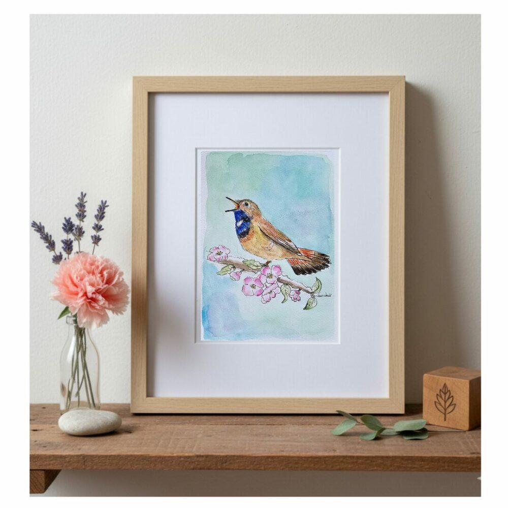 Gorge bleue a miroir Peinture boutiquegavroche aquarelle ornithologique , cadeau anniversaire de mariage,
