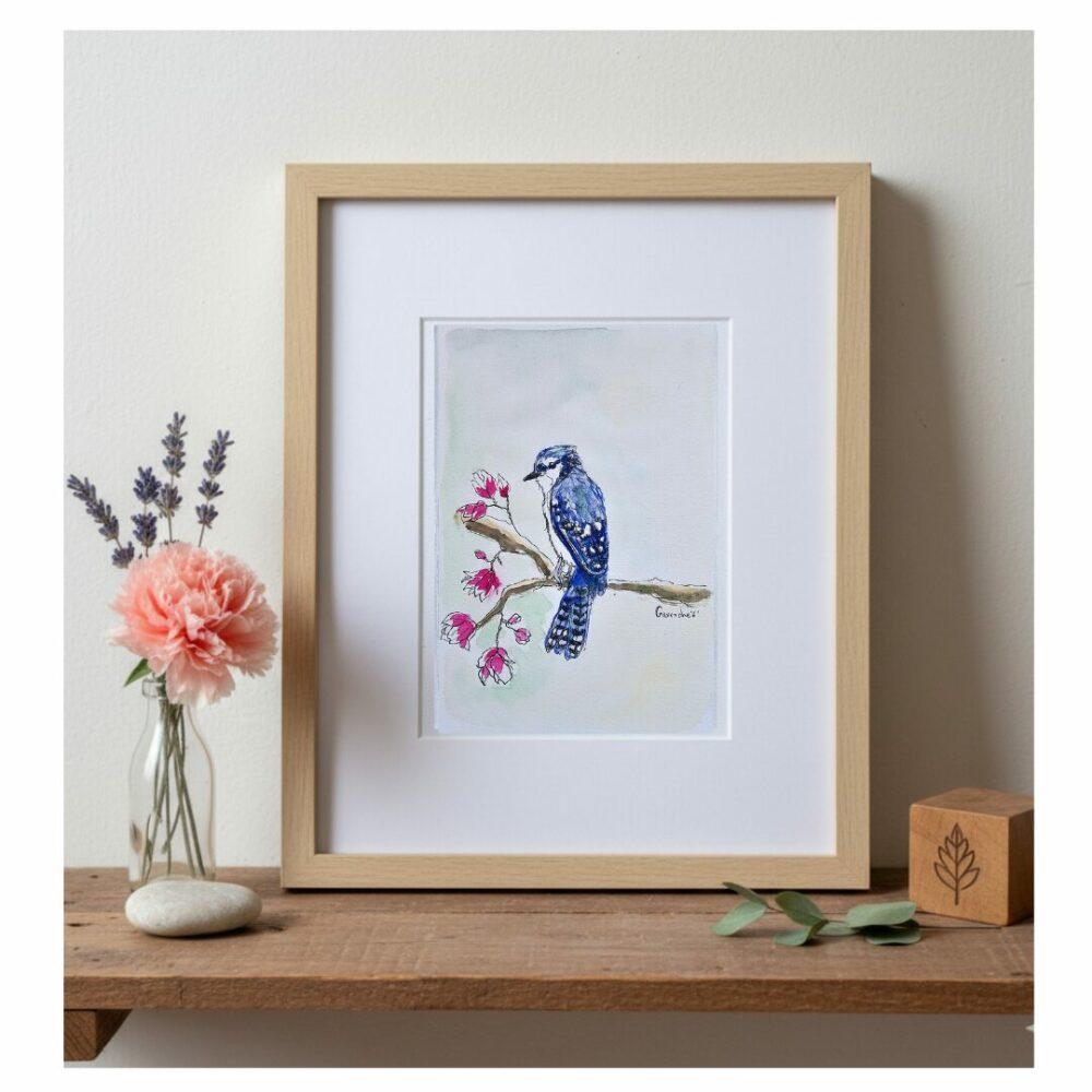 Geai bleu Peinture aquarelle Noces de papier oiseau boutiquegavroche Corrèze Décoration maison