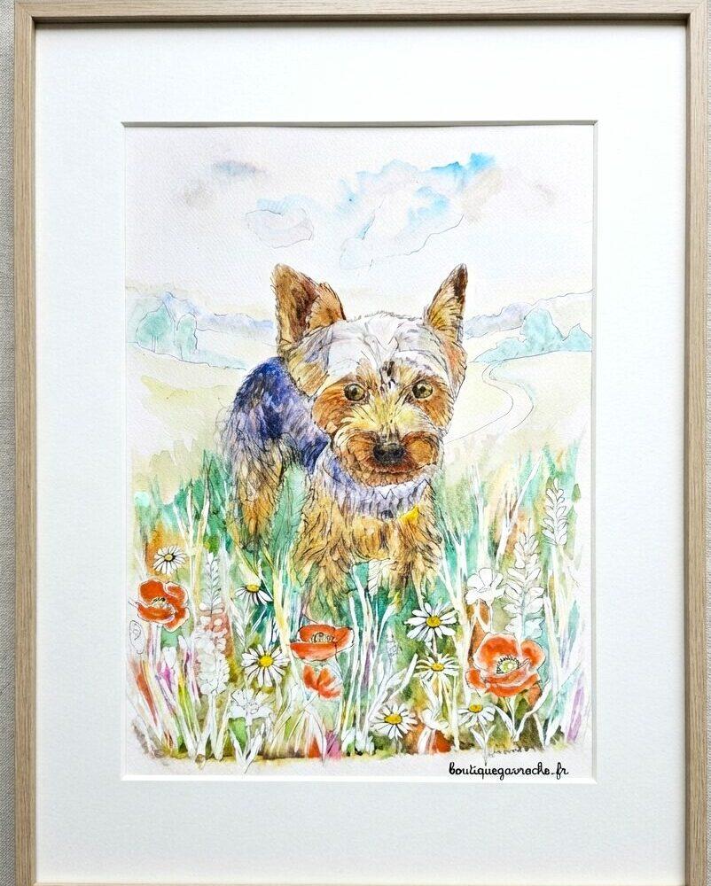 Portrait animalier aquarelle personnalisé de Voyou dans un champ de coquelicots d'après photo fait main à Brive Boutique Gavroche Label Origine Corrèze