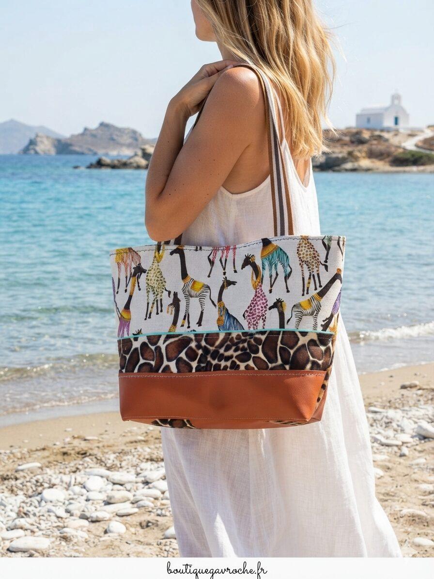 Grand sac cabas artisanal savane girafe et léopard en cretonne et simili cuir fait main à Brive Boutique Gavroche Label Origine Corrèze.