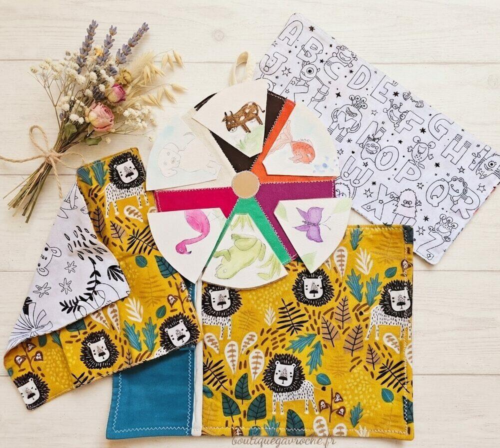 Kit éveil Montessori savane avec set de table lion serviette réversible ronde des couleurs et alphabet fait main Brive Label Origine Corrèze