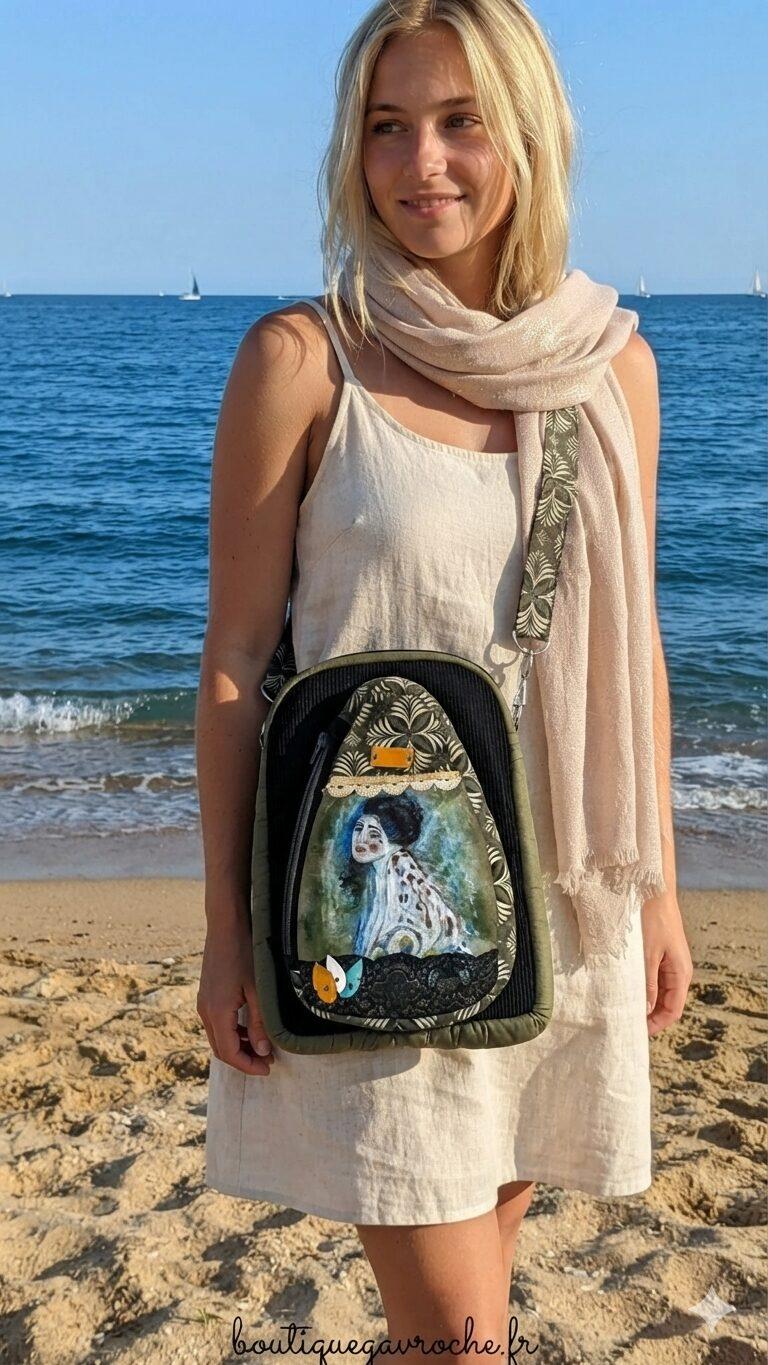 Sac bandoulière Klimt velours noir avec pochette amovible peinture faite main à Brive Boutique Gavroche Label Origine Corrèze.