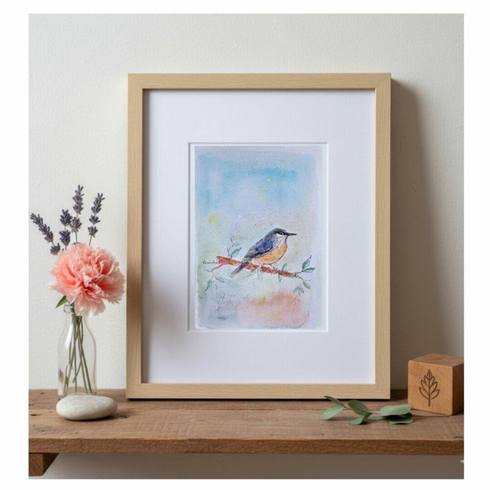 sitelle torchepot Peinture boutiquegavroche aquarelle ornithologique Panure à moustaches, cadeau anniversaire de mariage,