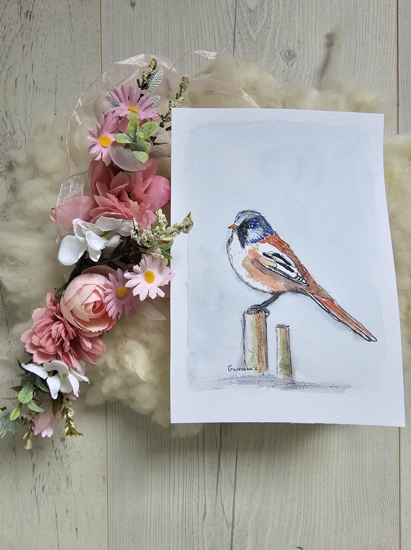 Peinture boutiquegavroche aquarelle ornithologique Panure à moustaches, cadeau anniversaire de mariage,