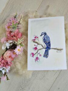 Geai bleu Peinture aquarelle Noces de papier oiseau boutiquegavroche Corrèze Décoration maison