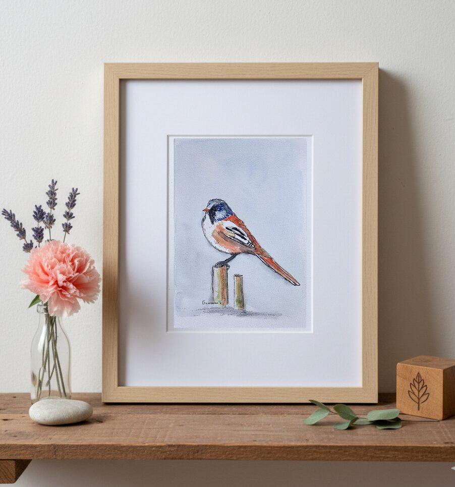 Peinture boutiquegavroche aquarelle ornithologique Panure à moustaches, cadeau anniversaire de mariage, noces de papier, décoration , affiche, aquarelle oiseau boutiquegavroche