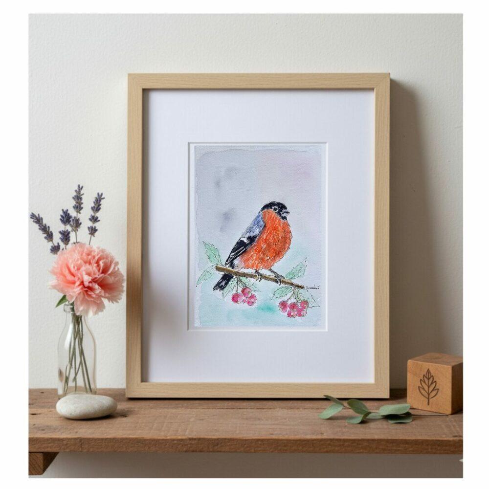 bouvreuil Peinture aquarelle Noces de papier oiseau boutiquegavroche cadeau anniversaire de mariage,