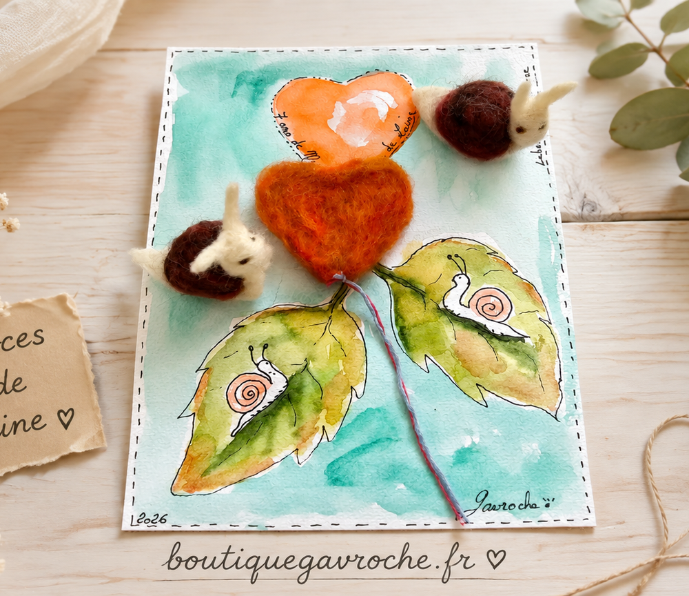 Noces de laines 2 escargots 1 coeur Anniversaire 7 ans mariage