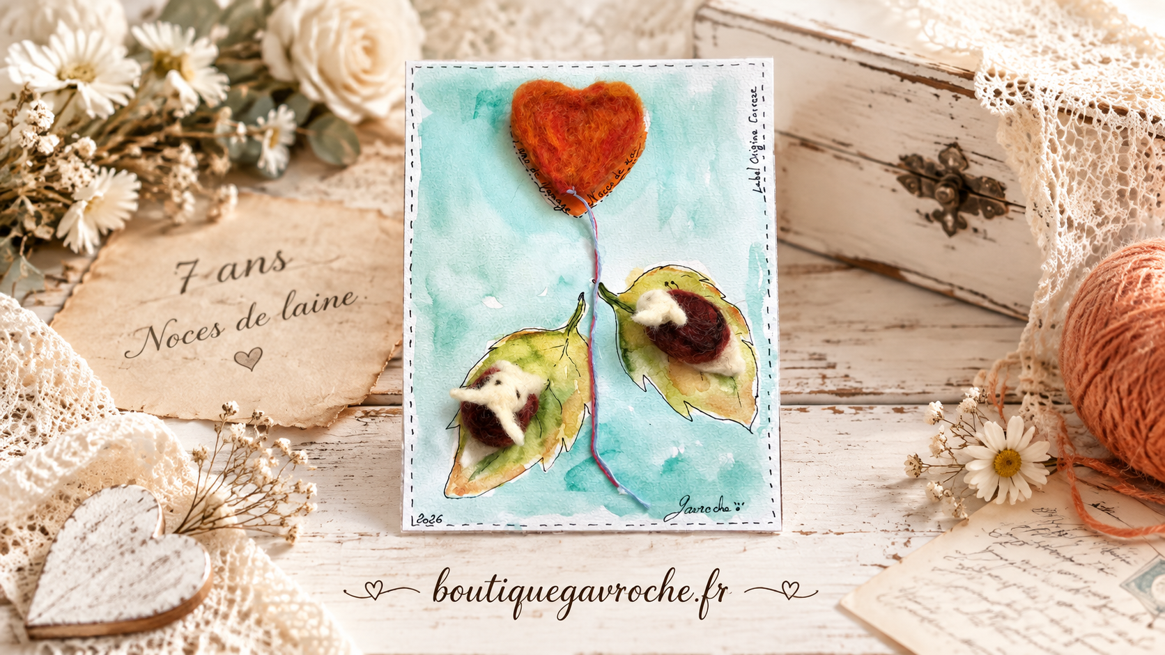 Noces de laines 2 escargots 1 coeur Anniversaire 7 ans mariage
