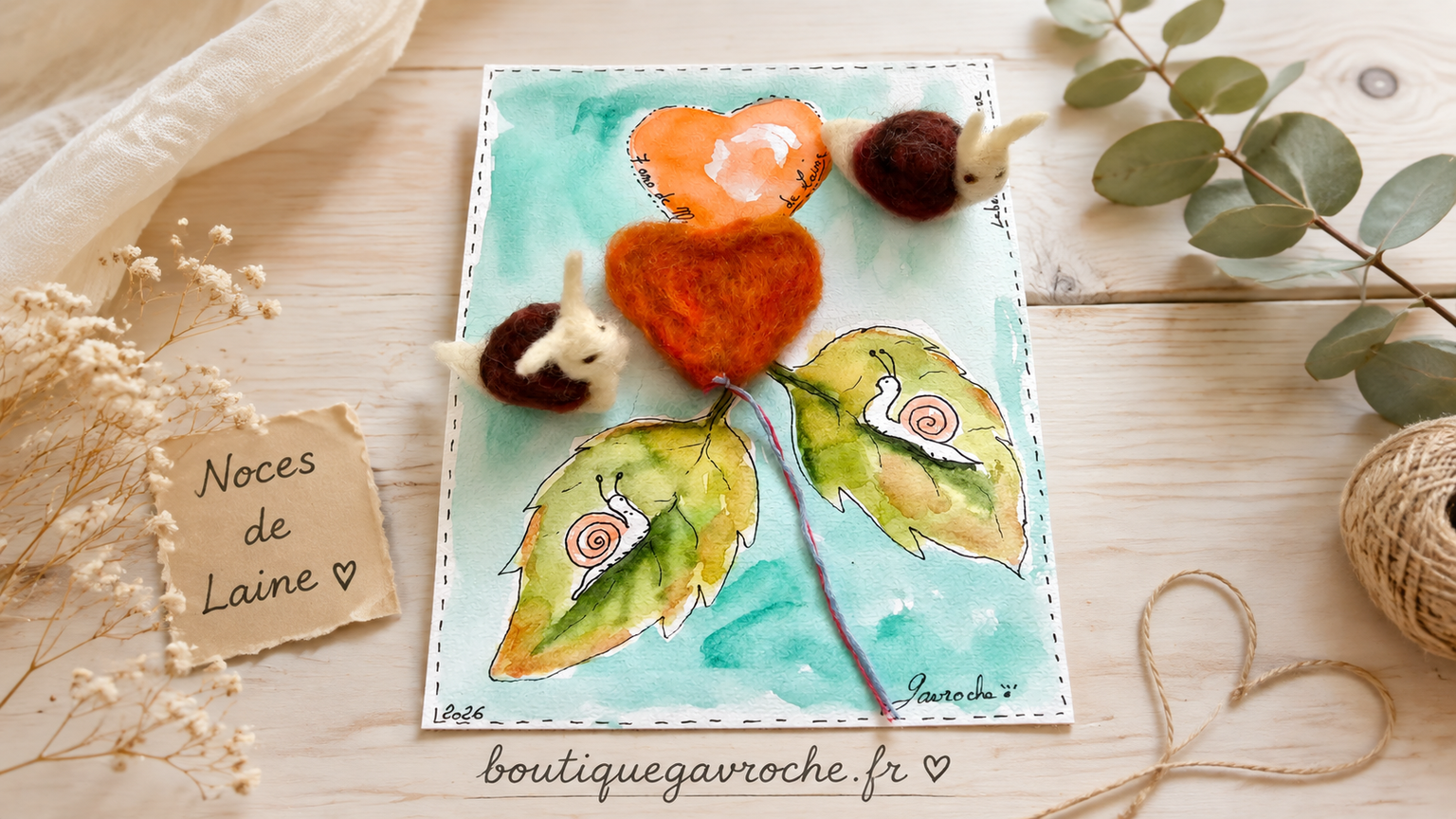 Noces de laines 2 escargots 1 coeur Anniversaire 7 ans mariage